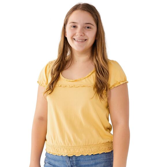 Excellent Charlotte Russe Junior Yellow Ruffle Trim Short Sleeve Blouse SZ Large - Picture 1 of 6